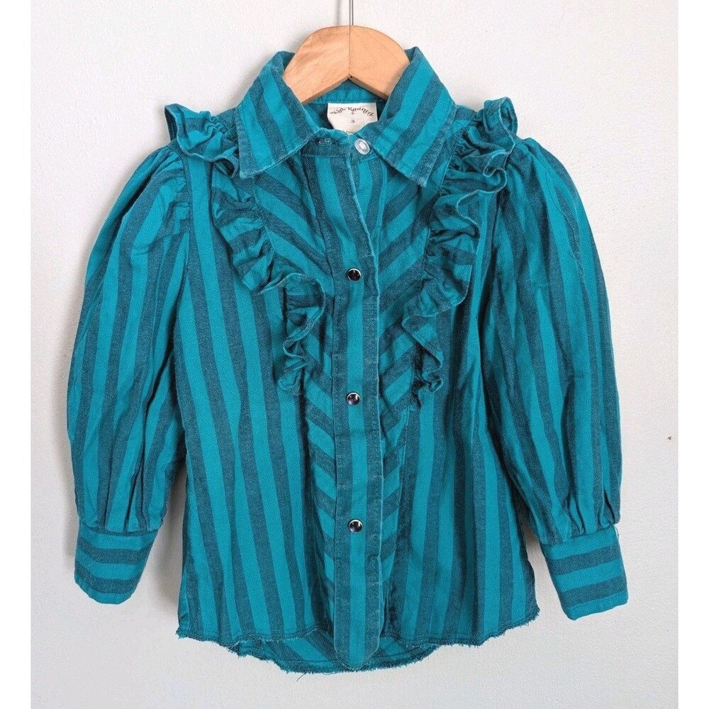 Vintage 80s Girls Western Prairie Pearl Snap Shirt Long Sleeve Teal Stripe 3 USA